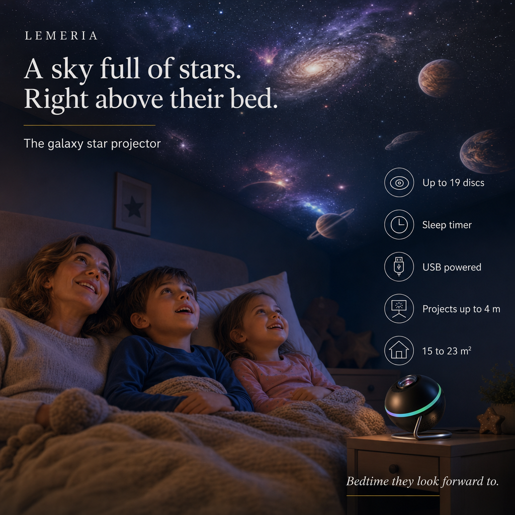 Mother and two kids in bed watching the CosmoLight galaxy projection on the ceiling