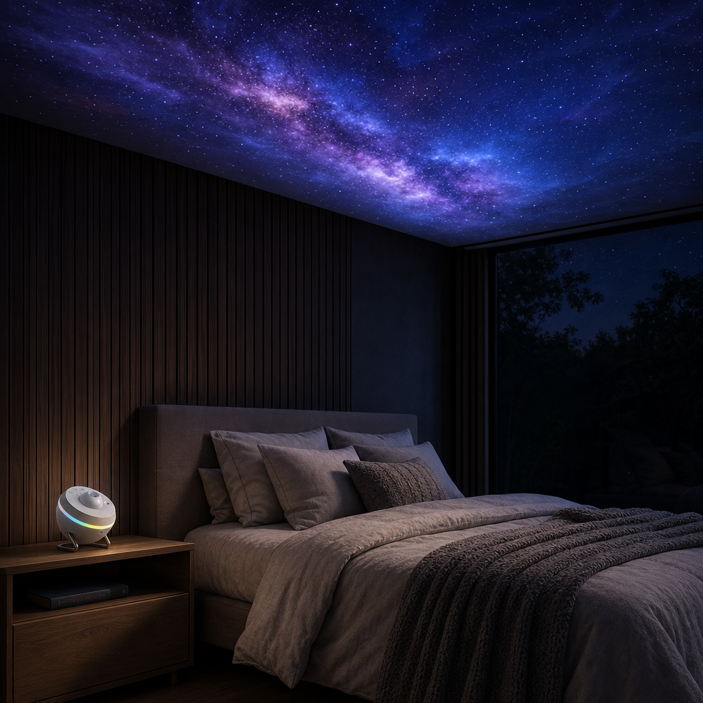 White CosmoLight star projector projecting a galaxy in a modern bedroom