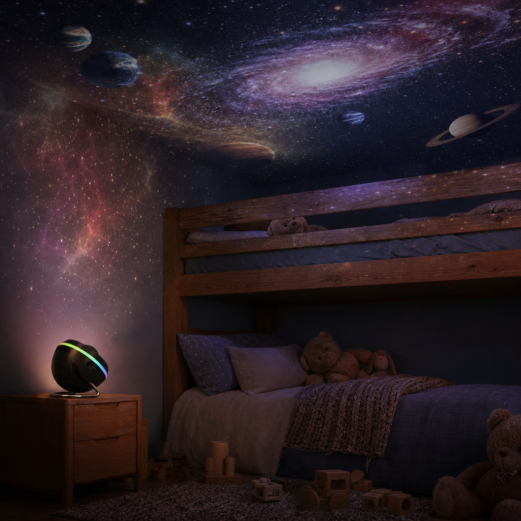 CosmoLight space projector creating a galaxy above the bunk bed in the kids room