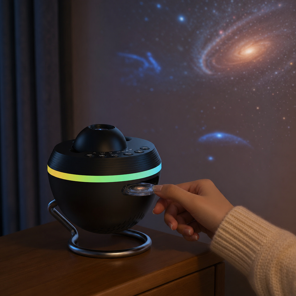 Hand inserts a projection disc into the CosmoLight galaxy projector
