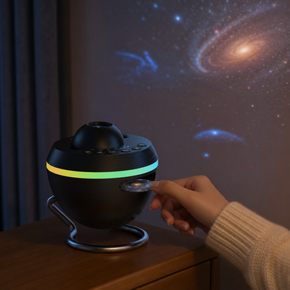 Hand inserts a projection disc into the CosmoLight galaxy projector