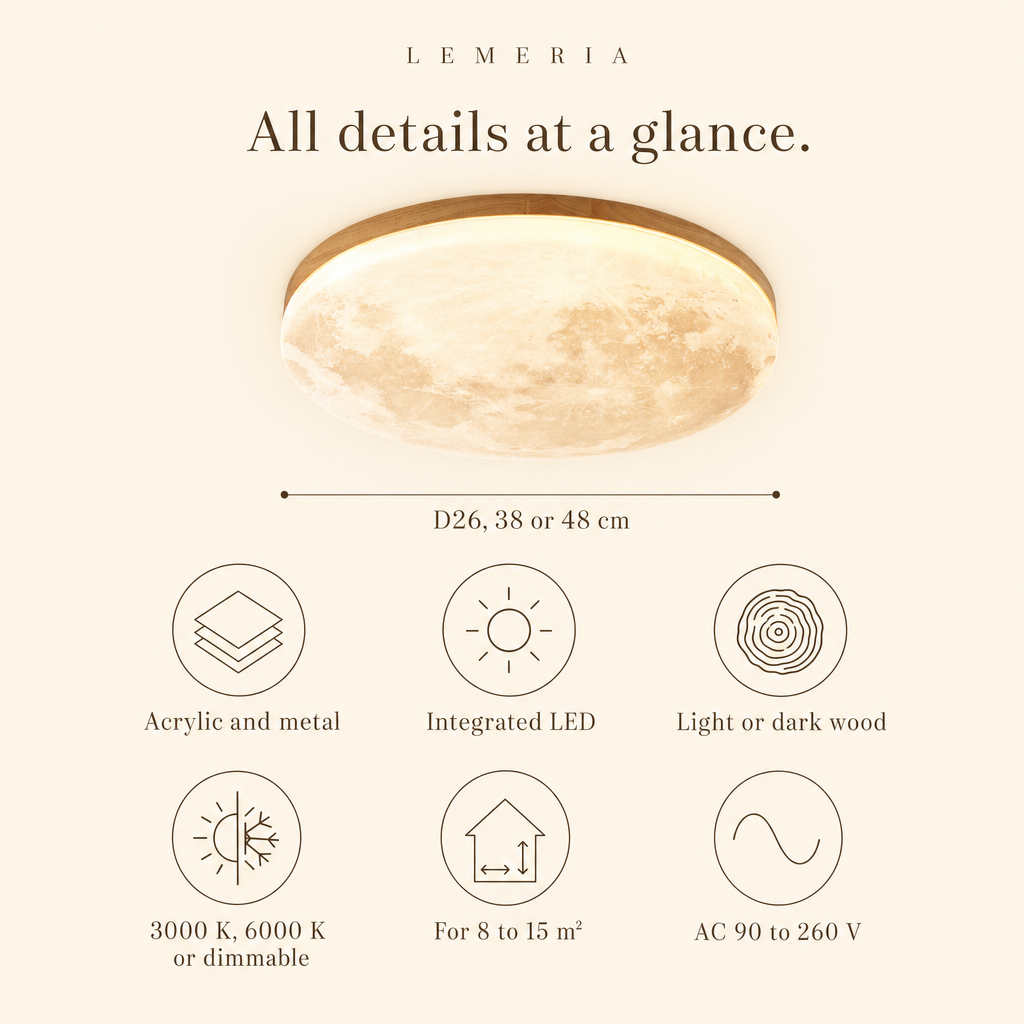 Luna all details at a glance, D26, 38 or 48 cm, integrated LED, light or dark wood