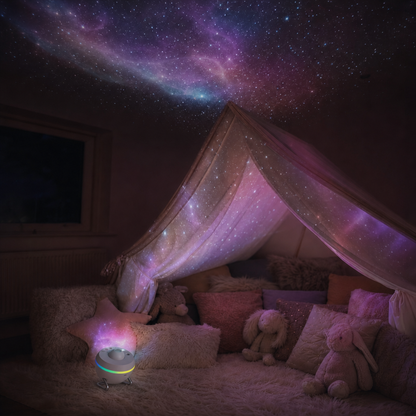 White CosmoLight star projector at a kids sleepover with play tent