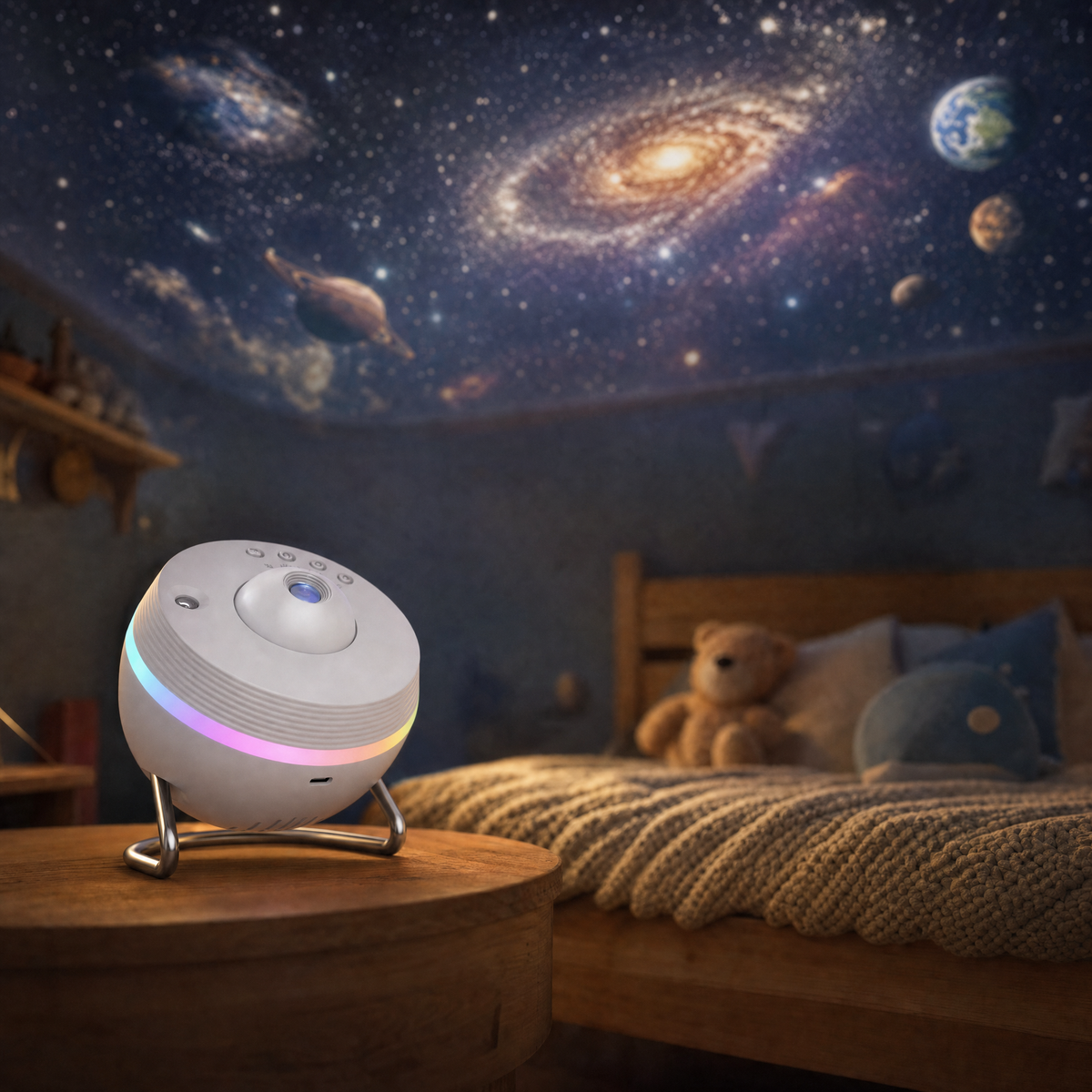 White CosmoLight galaxy star projector projecting stars and planets in the kids room