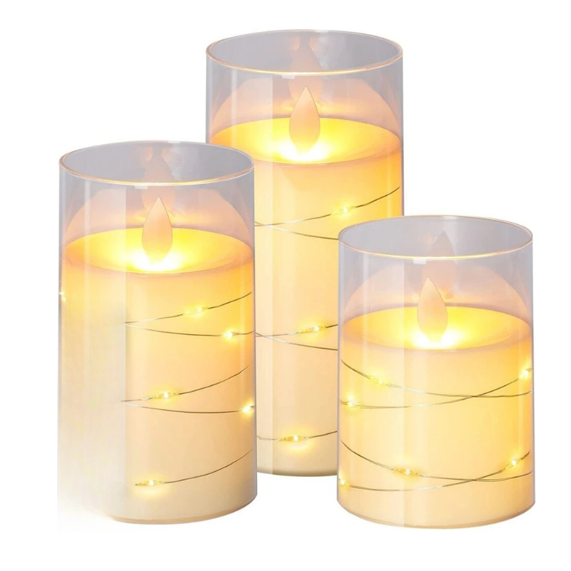 LED glass candles with warm white fairy lights, set of 3